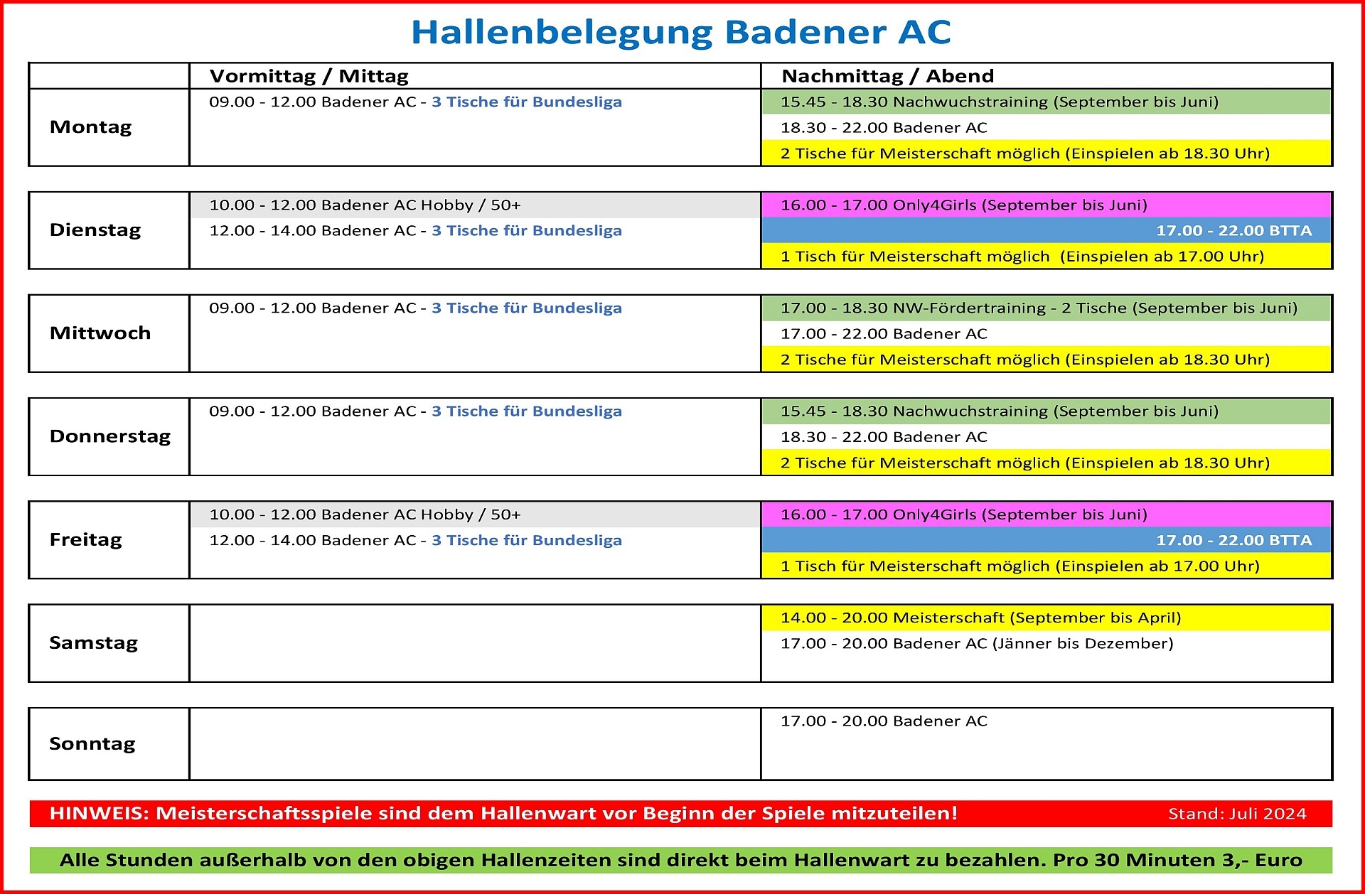 Hallenbelegung 2024-07 - Badener AC Tischtennis